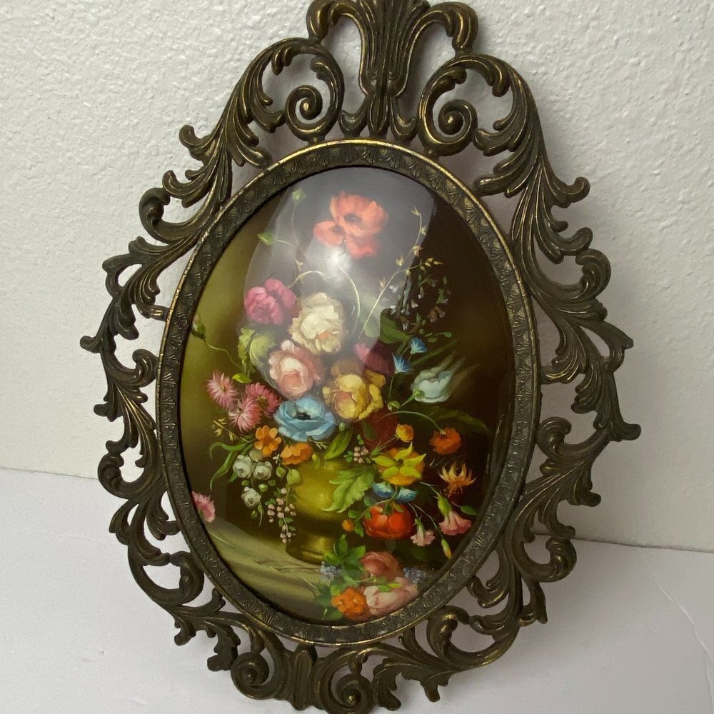 Vintage  Flowers  Framed Heavy Openwork Metal  Oval Italian